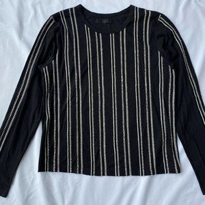 Talienk Black Long Sleeve Top with White Embroidered Stripes, Size PS.